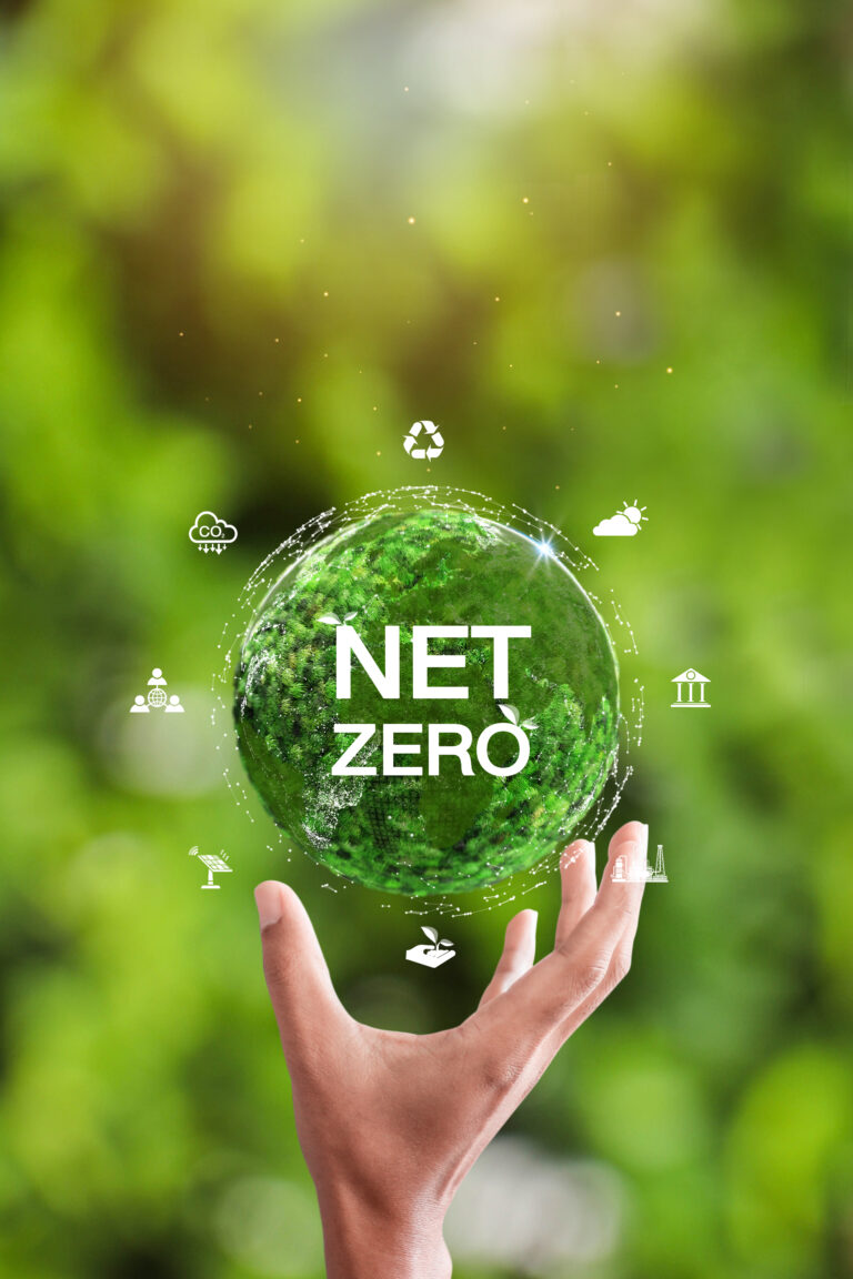 Hand holding icon of Earth. Concept day earth Save the world save environment. Ecology concept. 2050 year, Net zero and carbon neutral concept.
