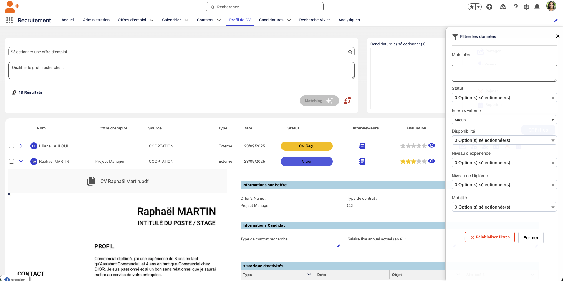 Crosstalent, capture d'écran de la solution de parsing IA